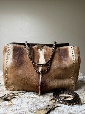 Valentino Garavani Brown and Cream Ponyhair Rockstud Tote